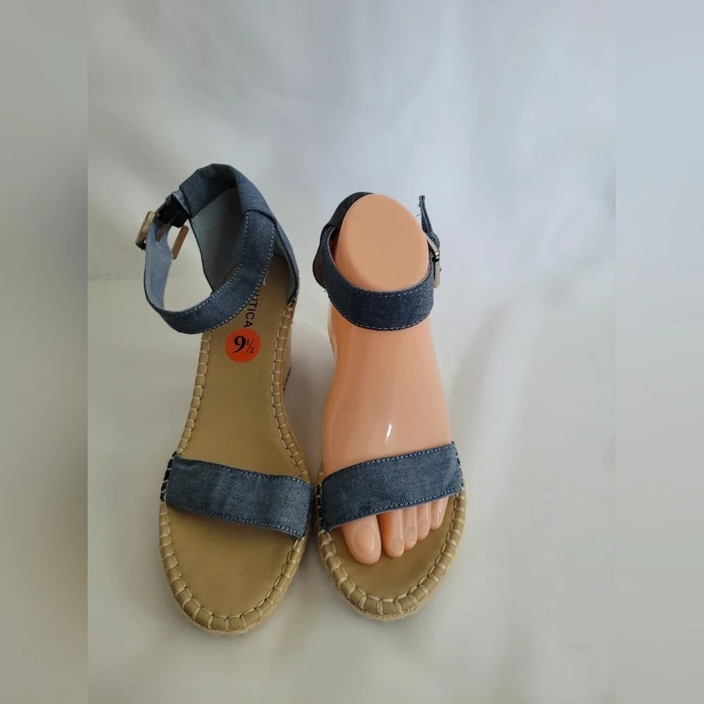Nautica 9.5 Light Blue Denim Espadrille Wedge Ankle Strap Sandals